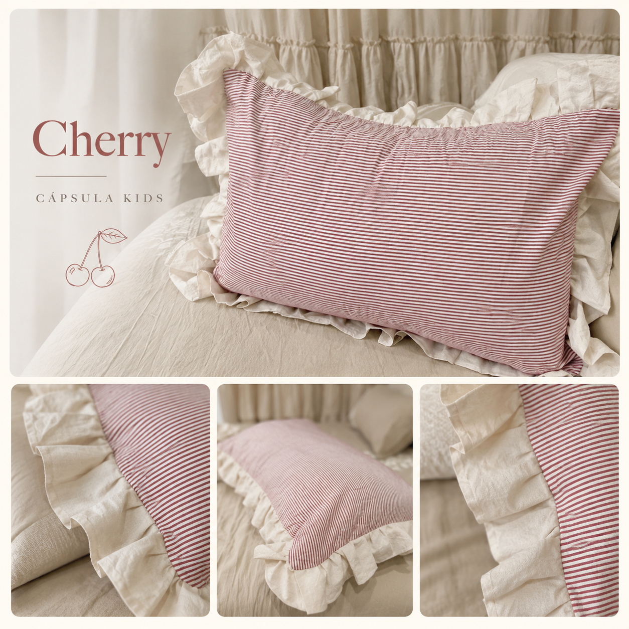 Funda Cherry de tusor rayado rojo y natural con volado natural - Cápsula Kids